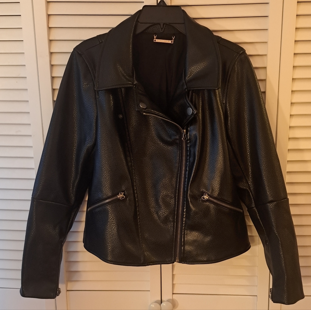 Tahari Black Faux Leather Moto Jacket